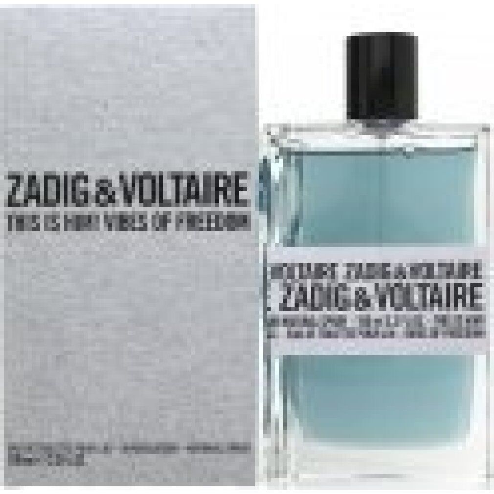 Flacon de parfum Zadig & Voltaire, liquide bleu. Rectangulaire, bouchon noir. Boîte avec logo.