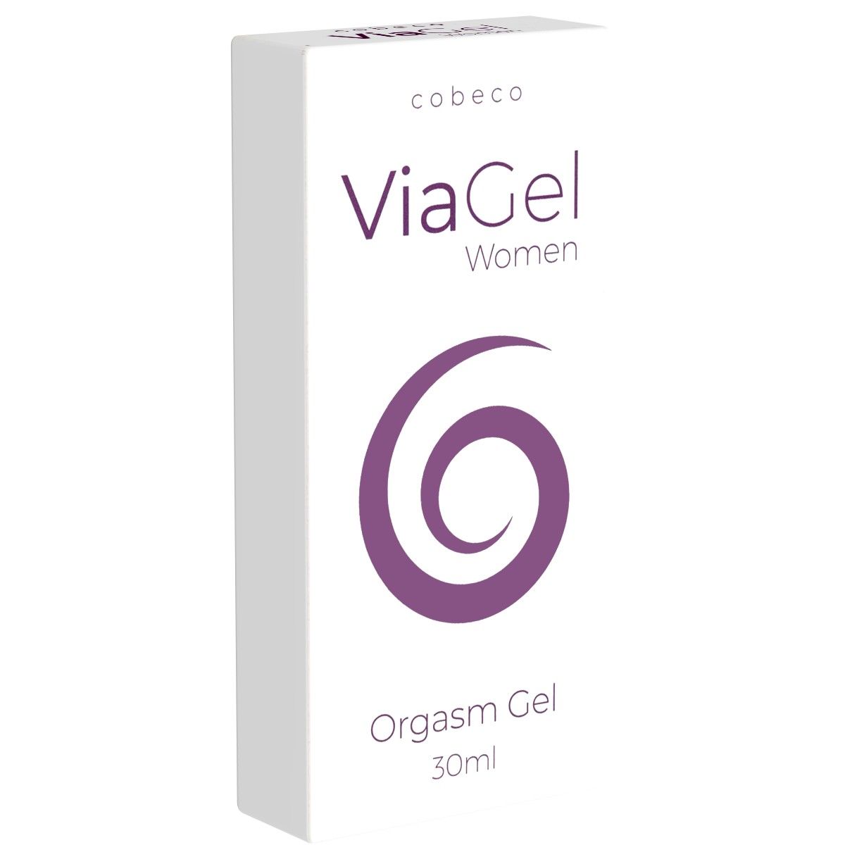 Emballage blanc avec logo et texte violets. Inscription : Cobeco, ViaGel Women, Orgasme Gel, 30ml.