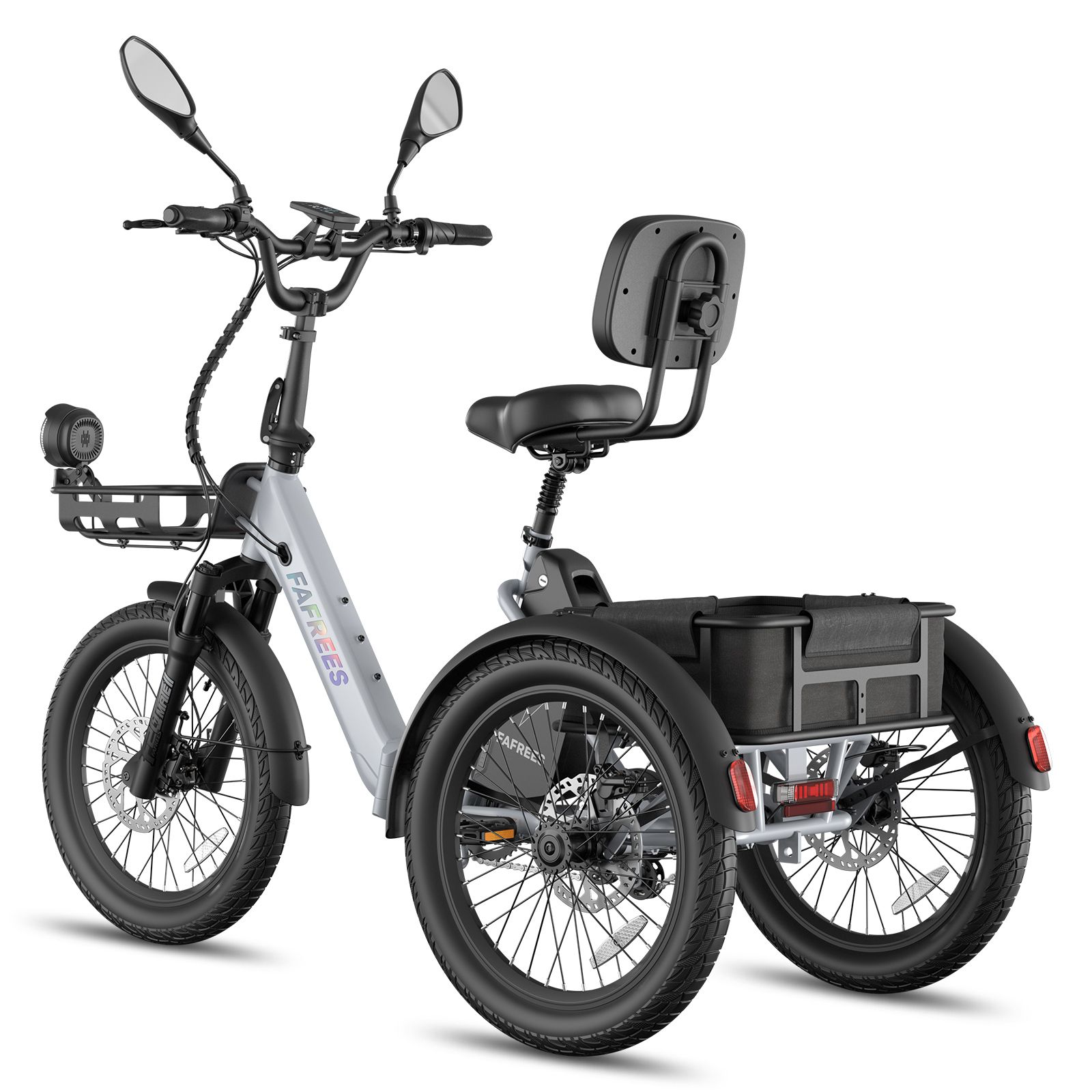 Tricycle électrique gris avec panier, rétroviseurs et porte-bagages. Pneus et siège noirs. Marque FAFREES.