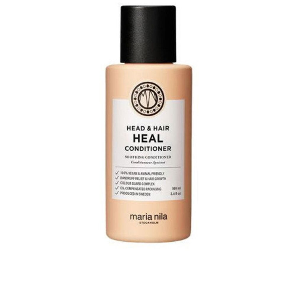 Beige fles met zwarte dop. Etiket met tekst: HEAD & HAIR HEAL CONDITIONER. Merk: maria nila.