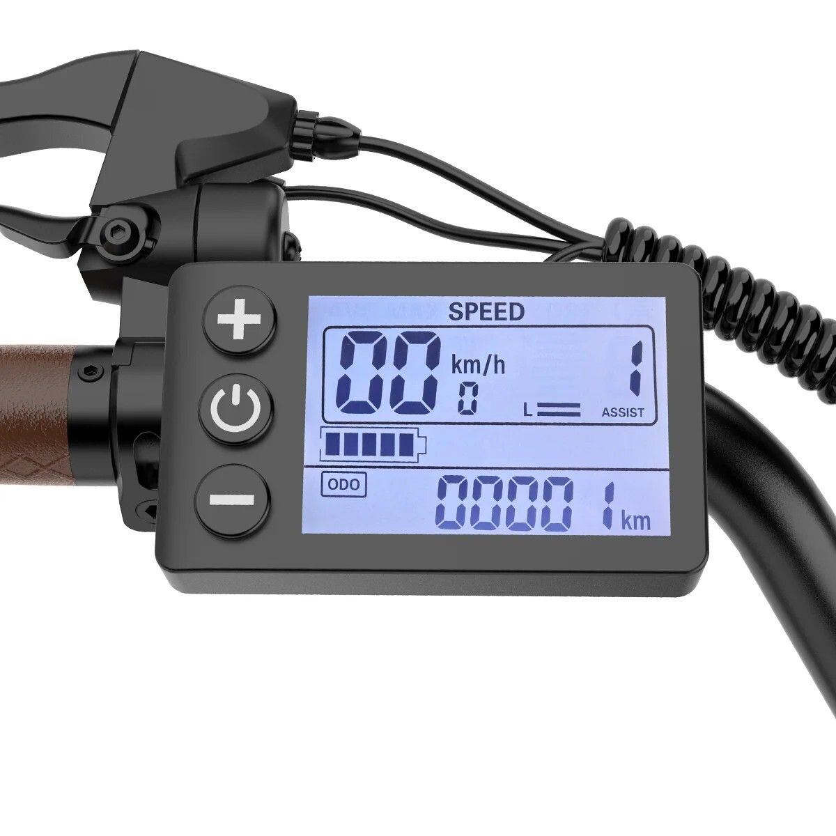 Gros plan sur l'écran d'un vélo électrique. Affiche la vitesse, le niveau de la batterie et d'autres informations. Cadre noir.
