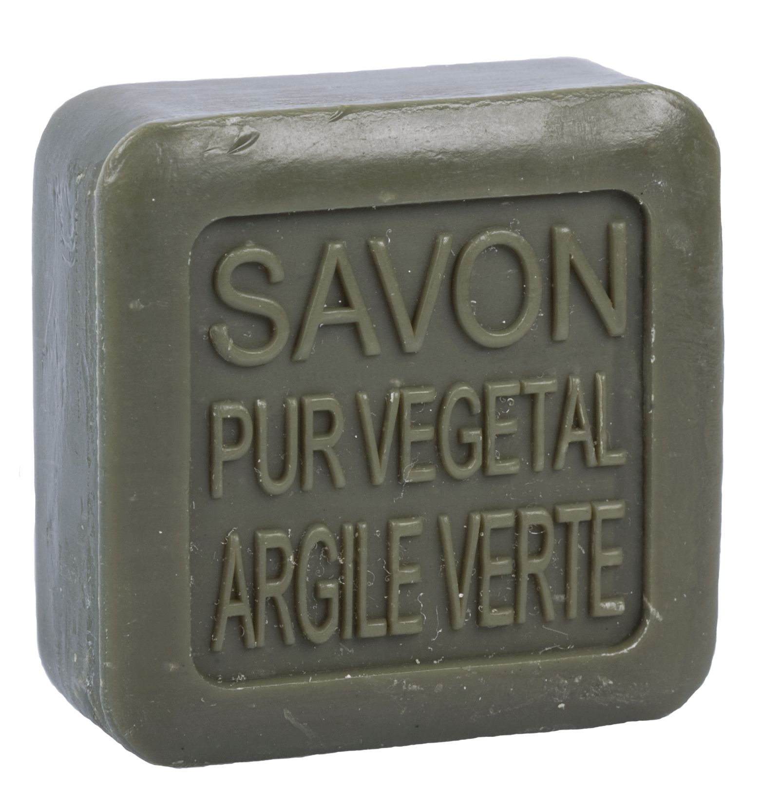 Savon vert carré. Inscription: Savon Pur Végétal Argile Verte.