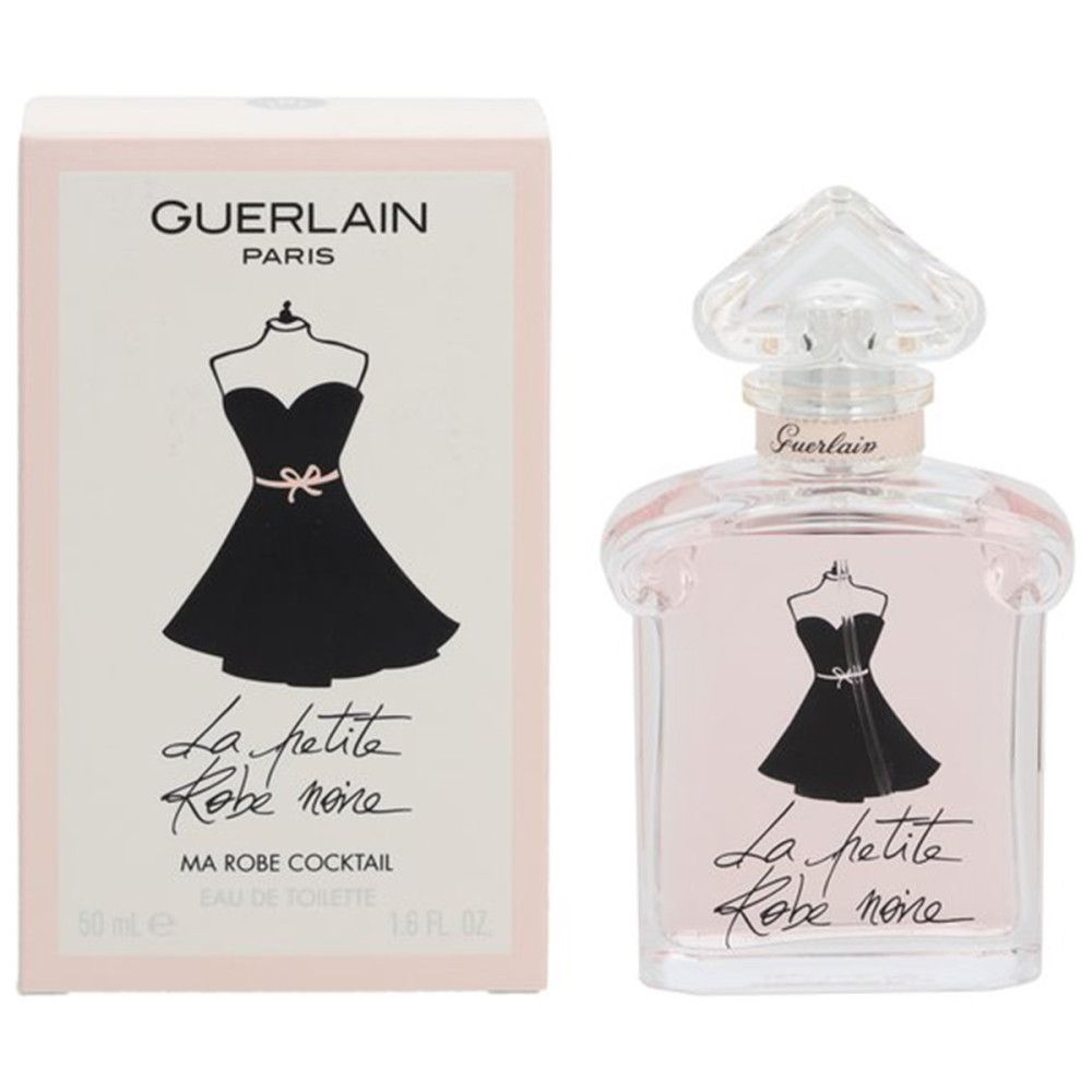 Flacon et emballage. Flacon rose, design robe noire. Emballage avec logo et texte.