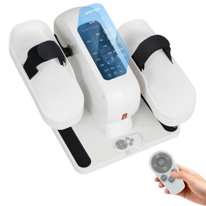 Witte mini-elliptische trainer met display en afstandsbediening. Zwarte banden, rode knop. SPORTNOW-logo.