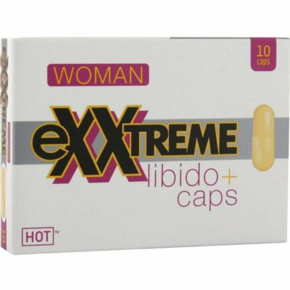 Boîte de 10 capsules eXXtreme Libido+ pour femmes, avec une capsule à côté.