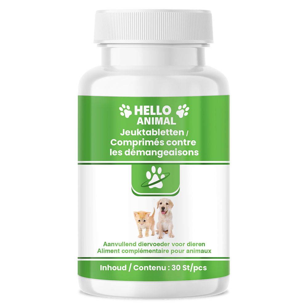 Witte pillenfles met groen etiket. Opschrift: HELLO ANIMAL, Jeuktabletten. Afbeelding: Kat en hond. Inhoud: 30 st/pcs.