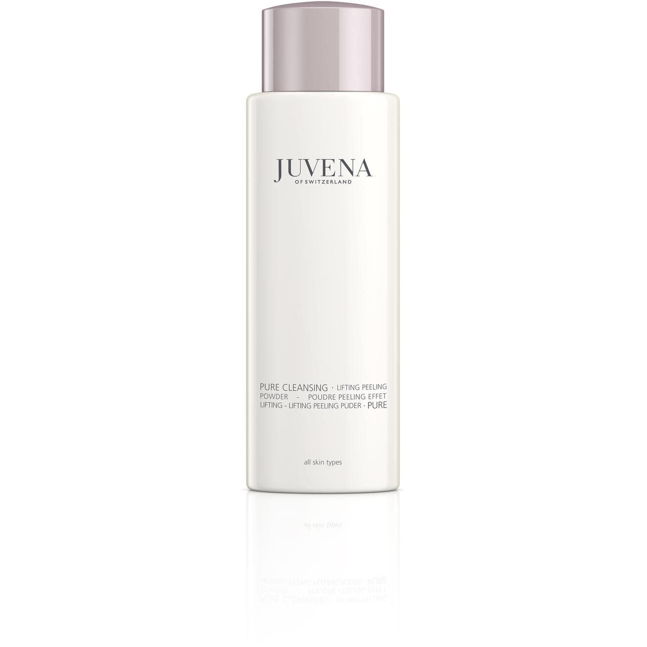 Flacon blanc, bouchon rose. Inscription: Juvena of Switzerland. Nom du produit: Pure Cleansing Lifting Peeling Powder.