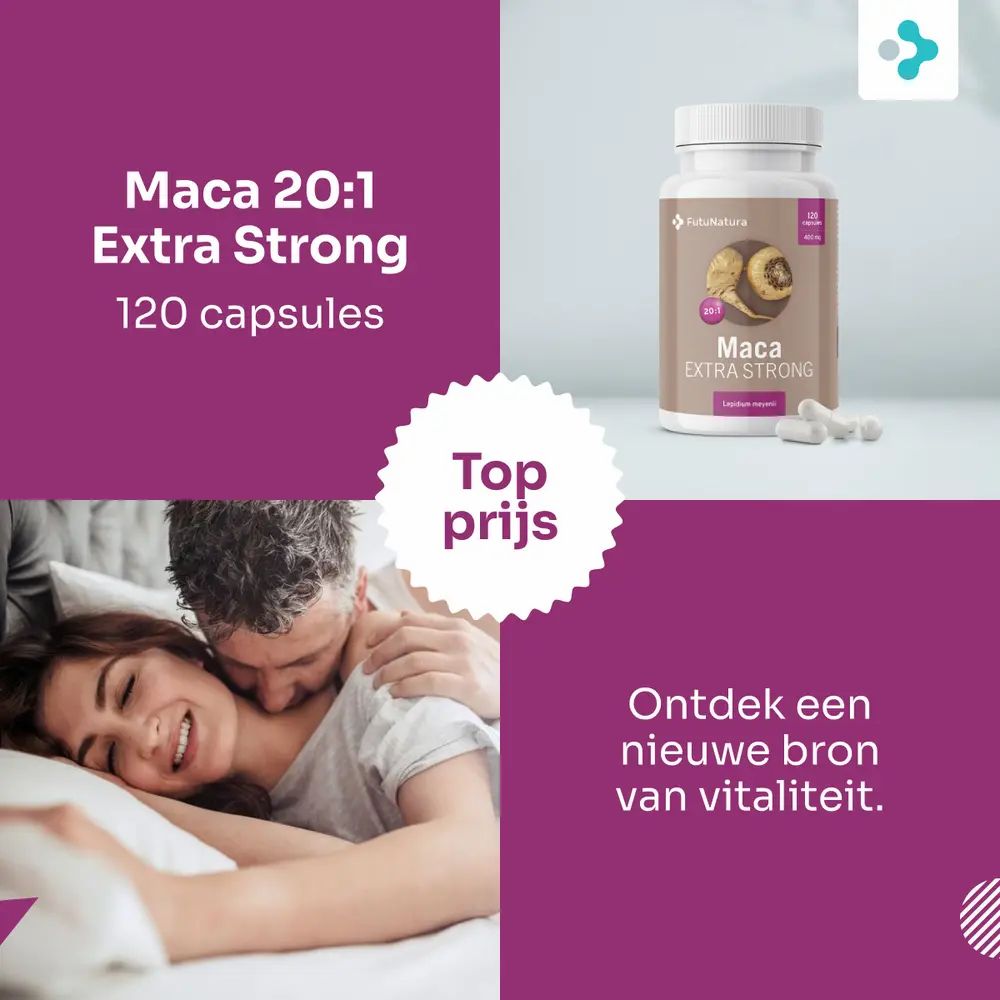 Productafbeelding: fles Maca Extra Strong en capsules. Op de achtergrond: stel in bed. Tekst: Top prijs.