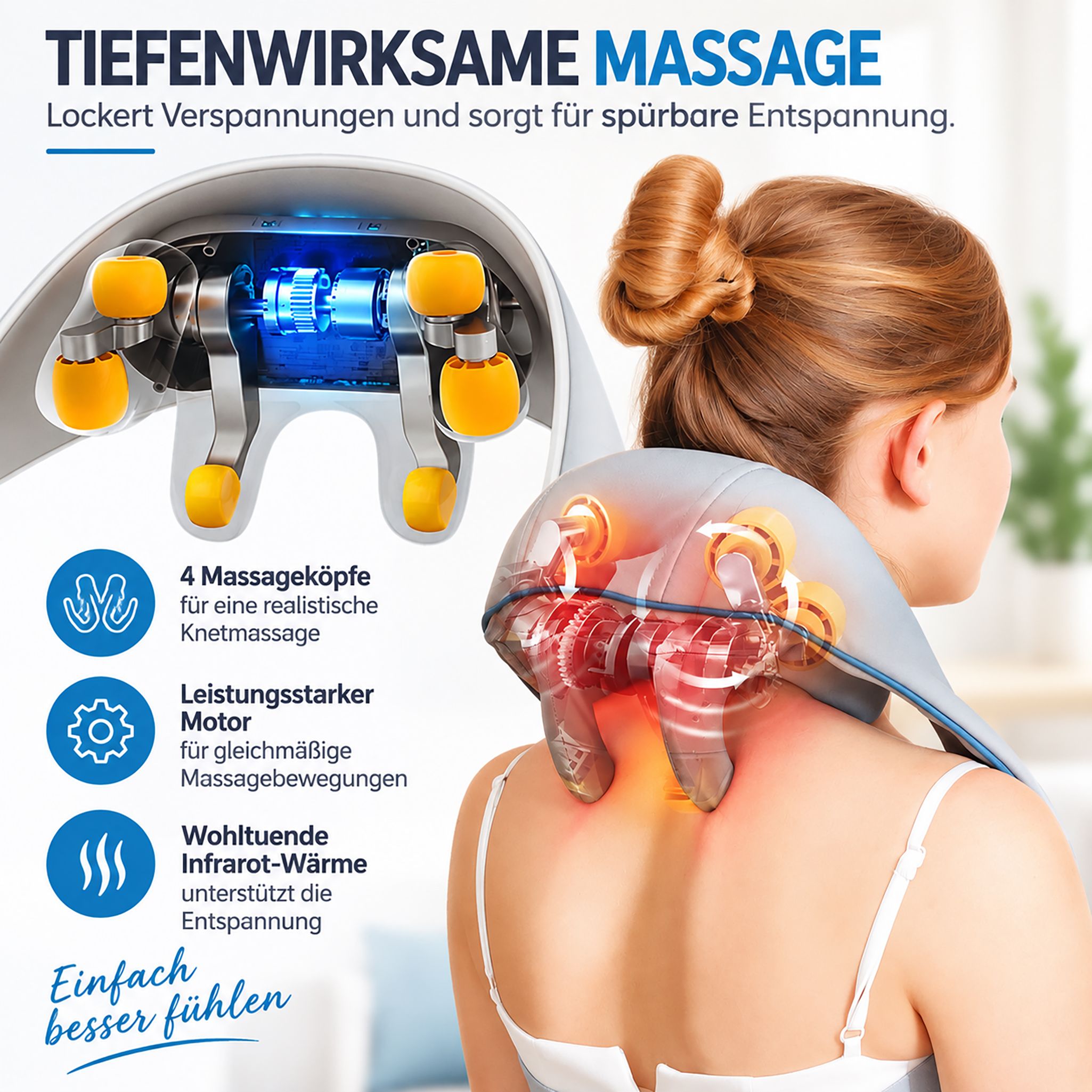 Gedetailleerd zicht op de nekmassager met 4 roterende massagekoppen en blauwe verlichting.