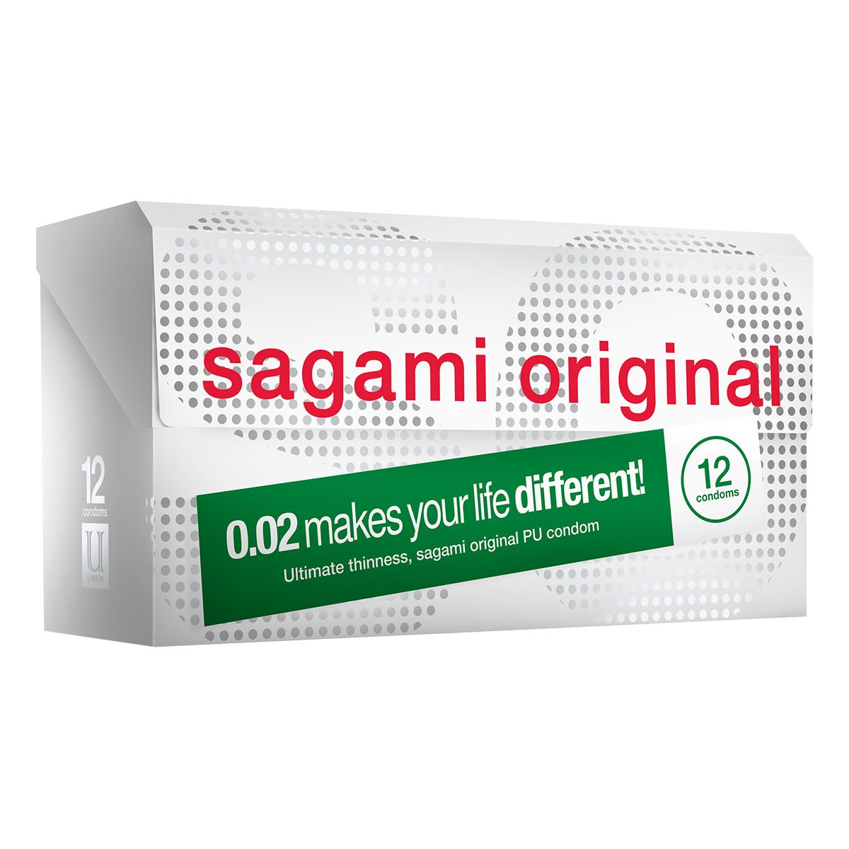 Boîte blanche avec texte rouge "sagami original". Bande verte avec "0.02 makes your life different!". Contient 12 préservatifs.