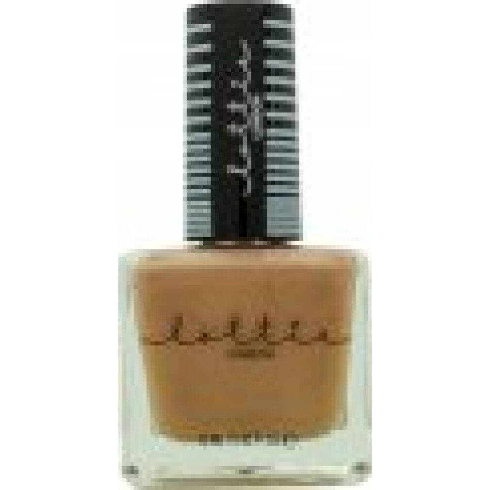 Flacon de vernis à ongles marron. Bouchon noir avec texte blanc. Logo Lottie London.