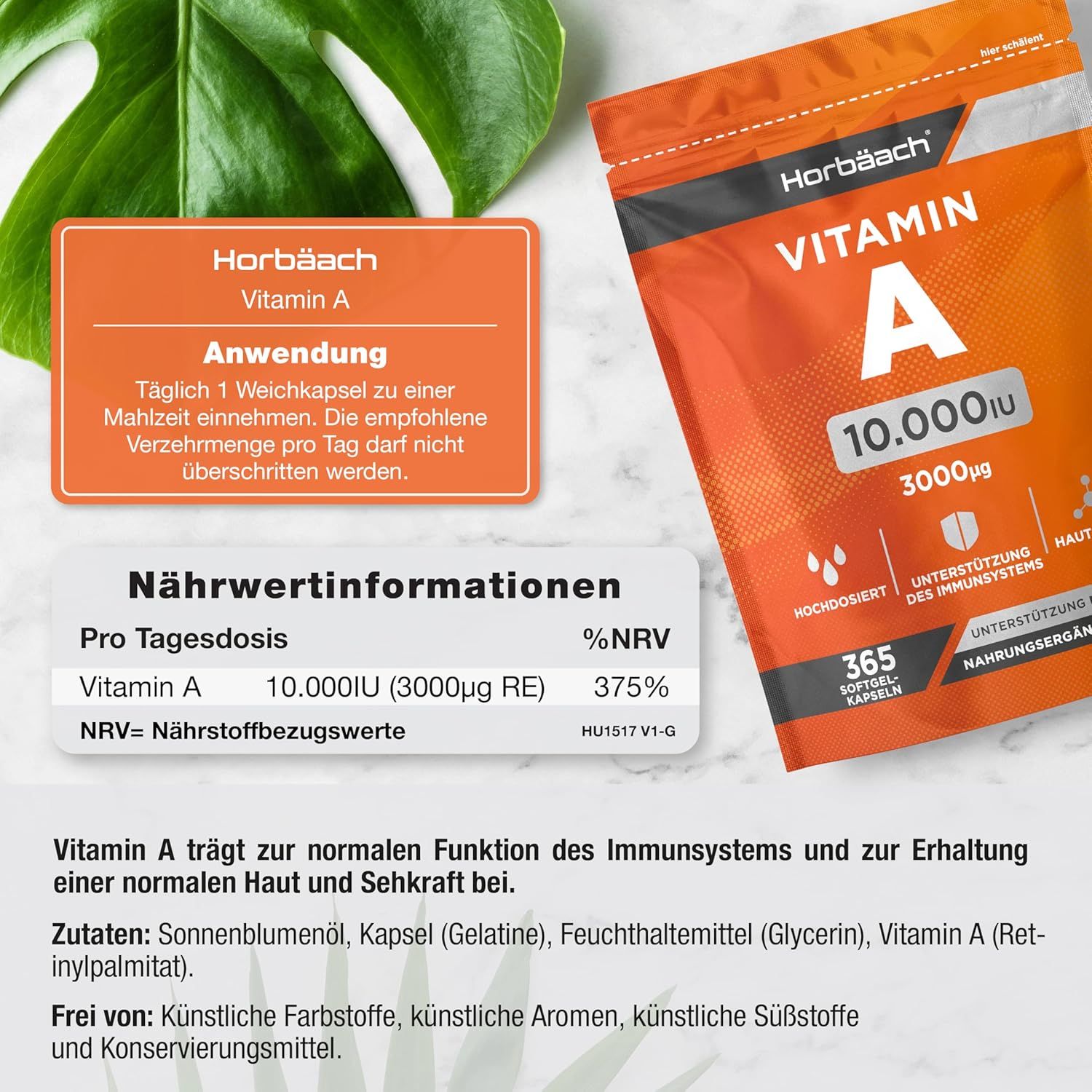 Verpakking met vitamine A 10.000 IE capsules. Tekst: Gebruik, voedingswaarde-informatie, 365 softgel capsules. Ingrediënten, vrij van kunstmatige toevoegingen.