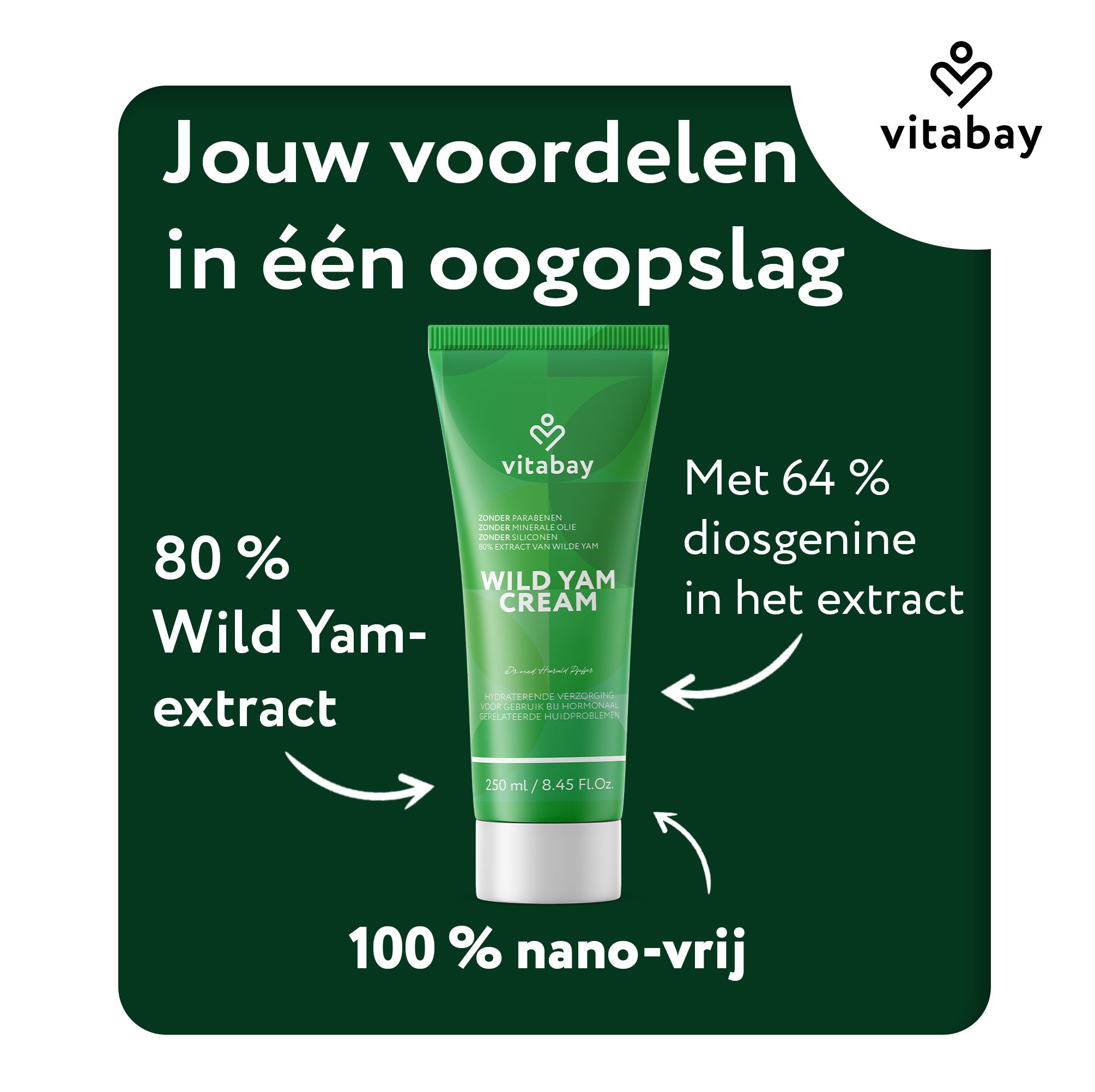 Vitabay Wild Yam Cream tube. 80% Wild Yam-extract, 64% diosgenine. 100% nano-vrij.