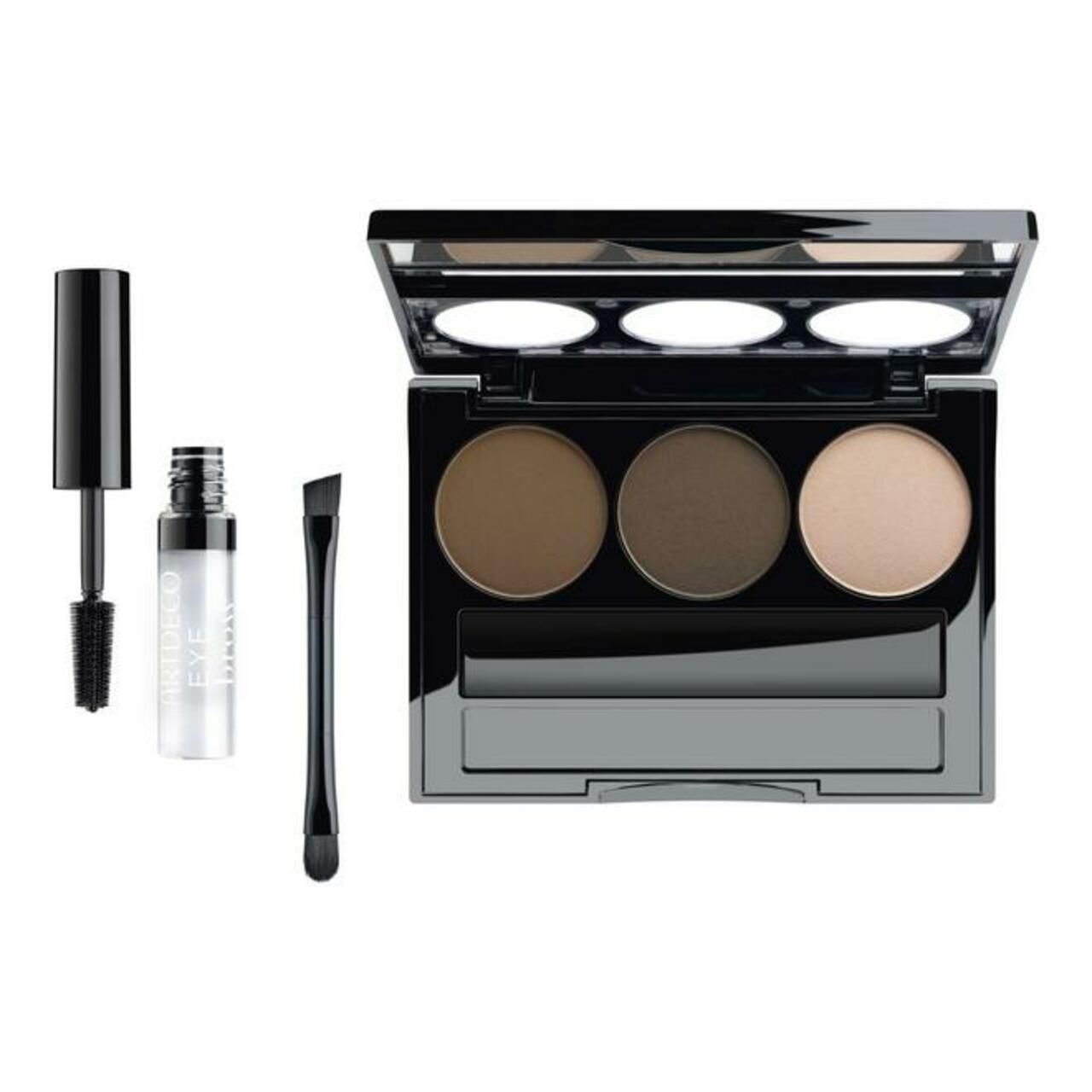 Artdeco wenkbrauwkit. Zwart palet met drie ronde tinten, borstel, mascara en wenkbrauwgel.
