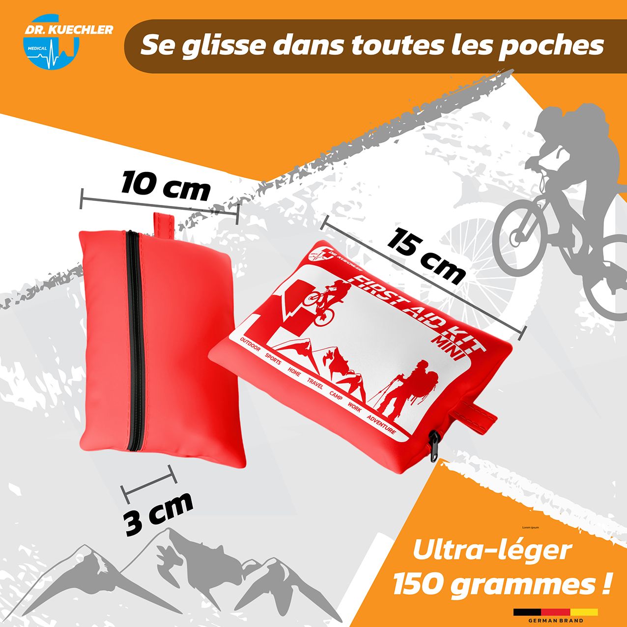 Contenu de la trousse de premiers secours : pansements, ciseaux, brochure, couverture de survie, pince à épiler. 29 pièces.