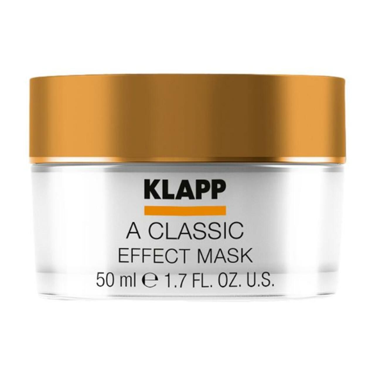 Glazen pot met gouden deksel. Opschrift "KLAPP A Classic Effect Mask". Bevat 50 ml.