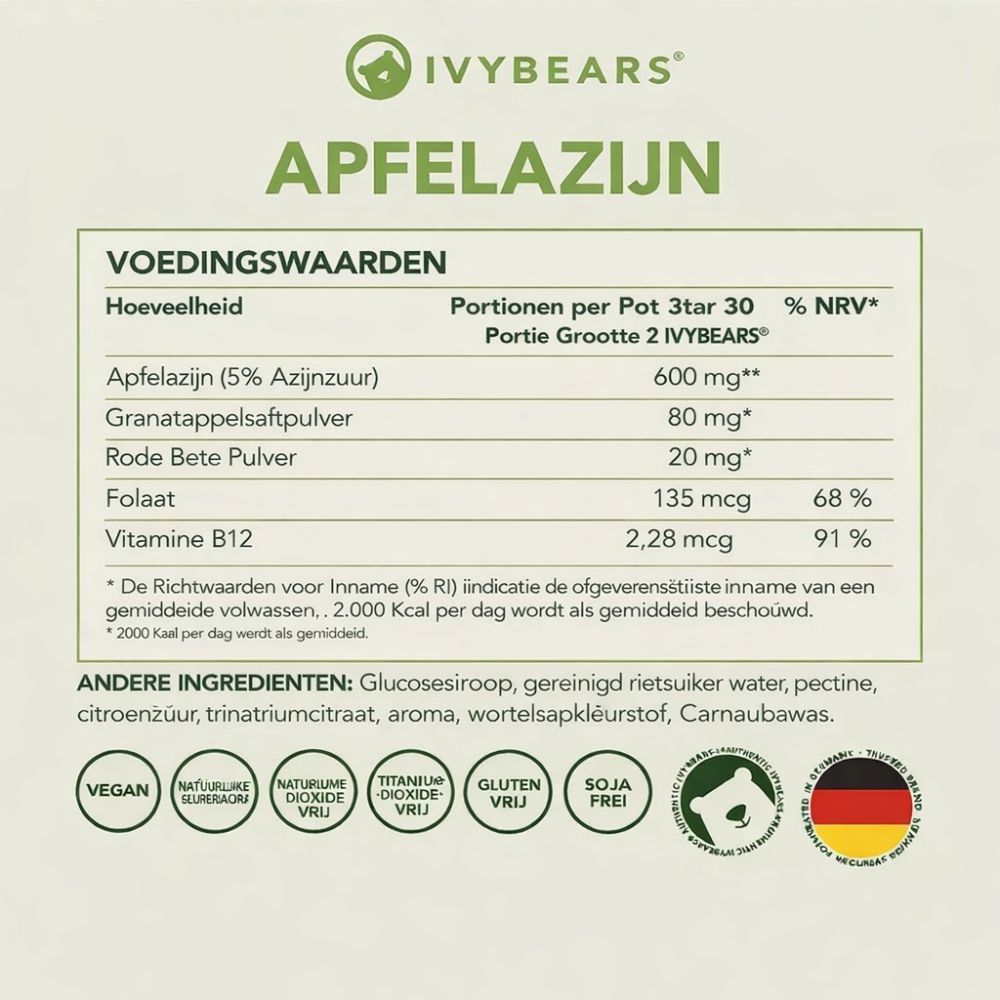 Voedingstabel met ingrediënten: Appelazijn, Granaatappelsappoeder, Rode bietenpoeder, Foliumzuur, Vitamine B12.
