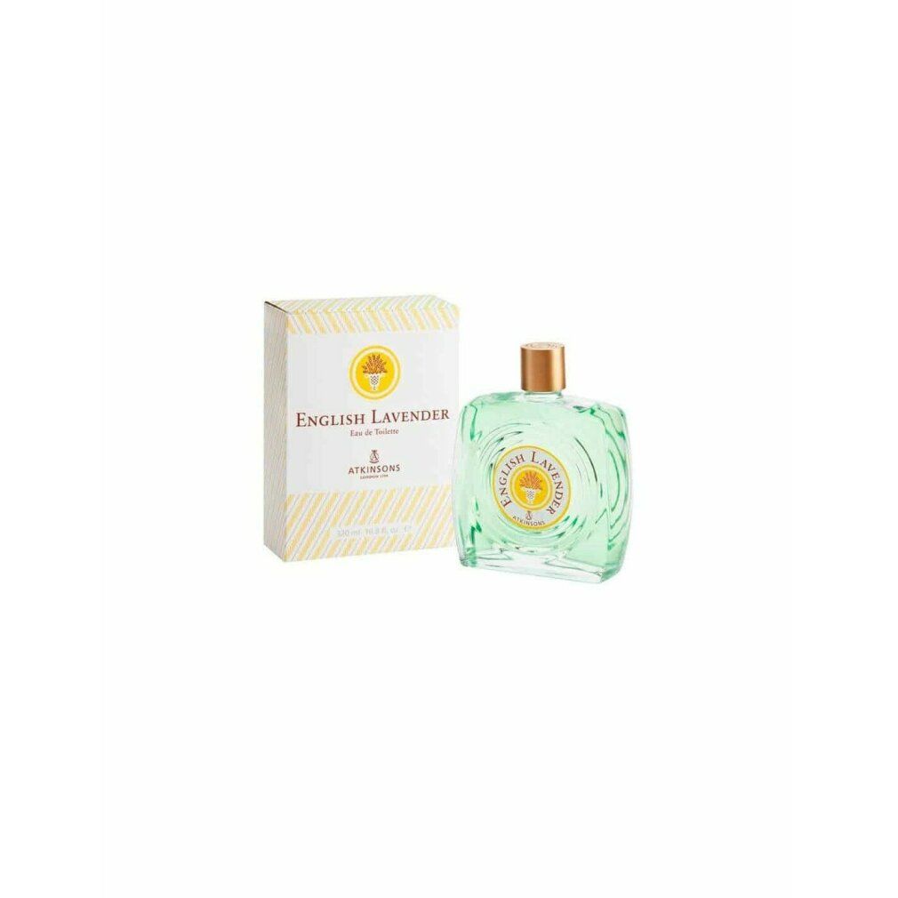 Atkinsons English Lavender Eau de Toilette. Flacon et emballage. Flacon carré, vert clair. Emballage blanc avec des accents jaunes.