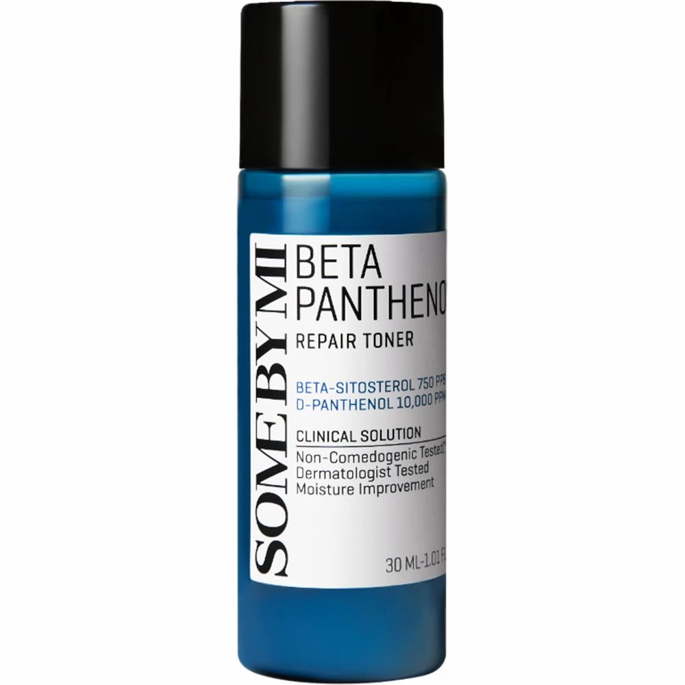 Flacon bleu avec bouchon noir. Inscription : SOME BY MI, BETA PANTHENOL REPAIR TONER. Texte : BETA-SITOSTEROL, D-PANTHENOL, SOLUTION CLINIQUE.