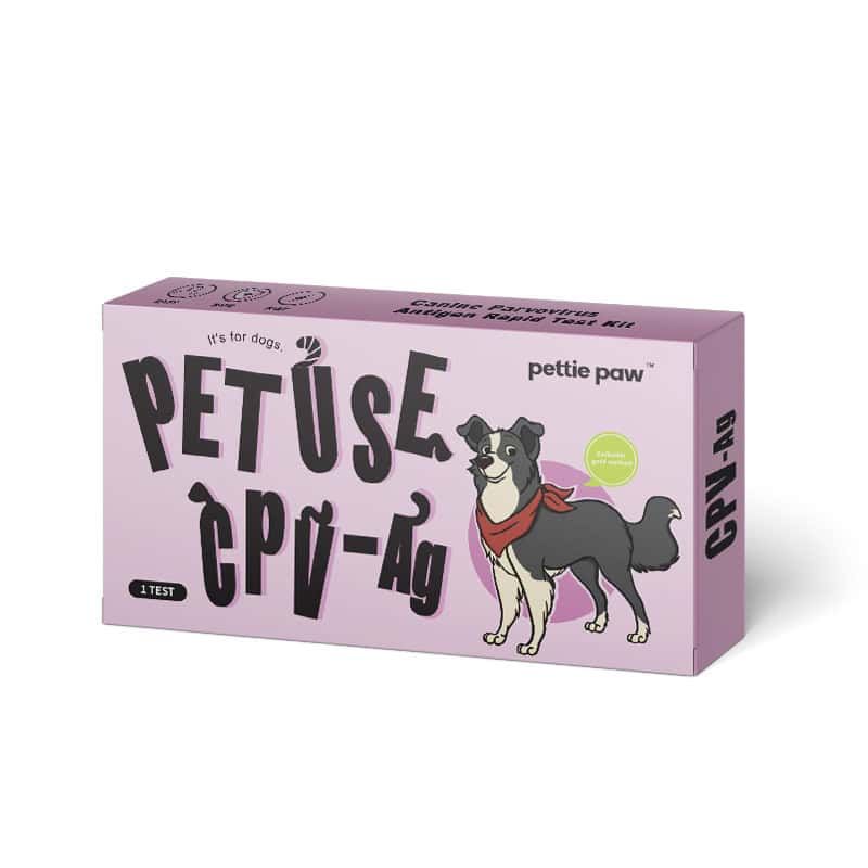 Emballage en carton pour test canin. Inscription : Pet Use CPV-Ag. Illustration d'un chien avec un foulard. Marque : pettie paw.