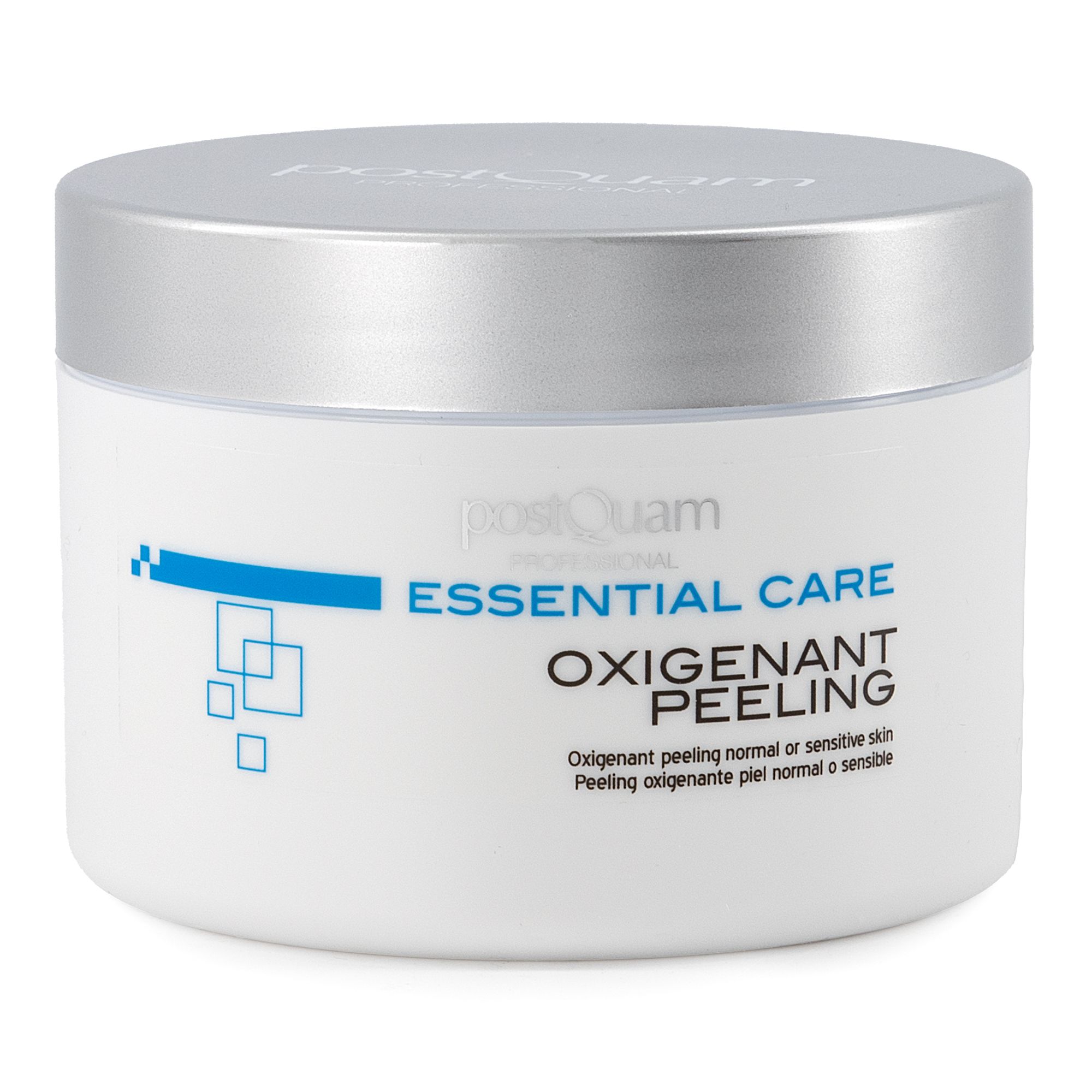 Witte pot met zilveren deksel. Opschrift: Essential Care Oxigenant Peeling. Voor normale of gevoelige huid.