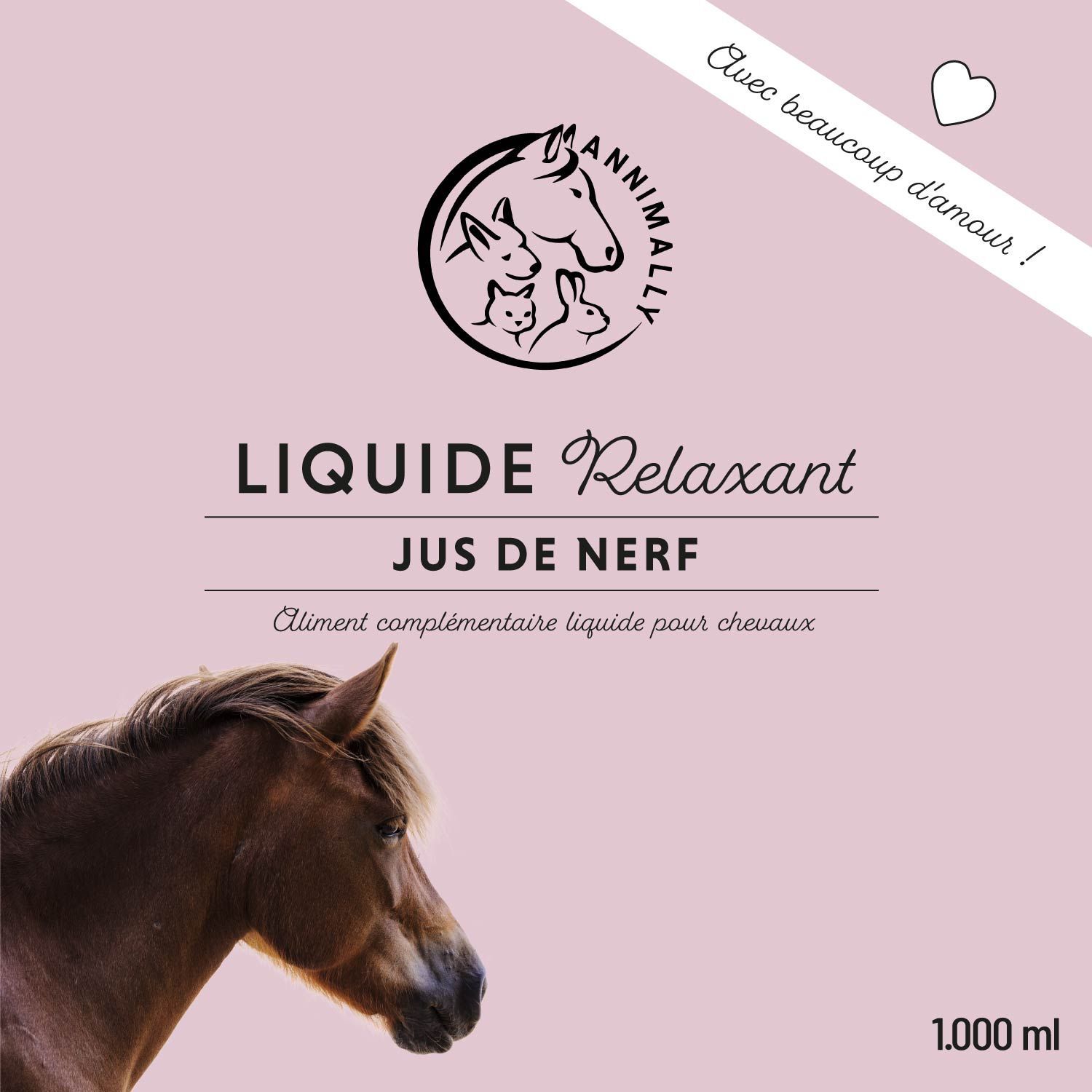 Étiquette rose avec logo, nom du produit Relax Liquid et texte. 1000 ml.