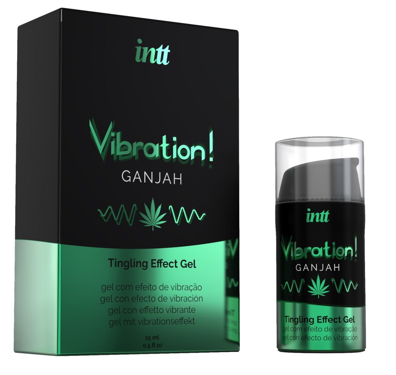 Verpakking en flesje van de Tingling Effect Gel "Vibration! GANJAH" van INTT, op witte achtergrond.