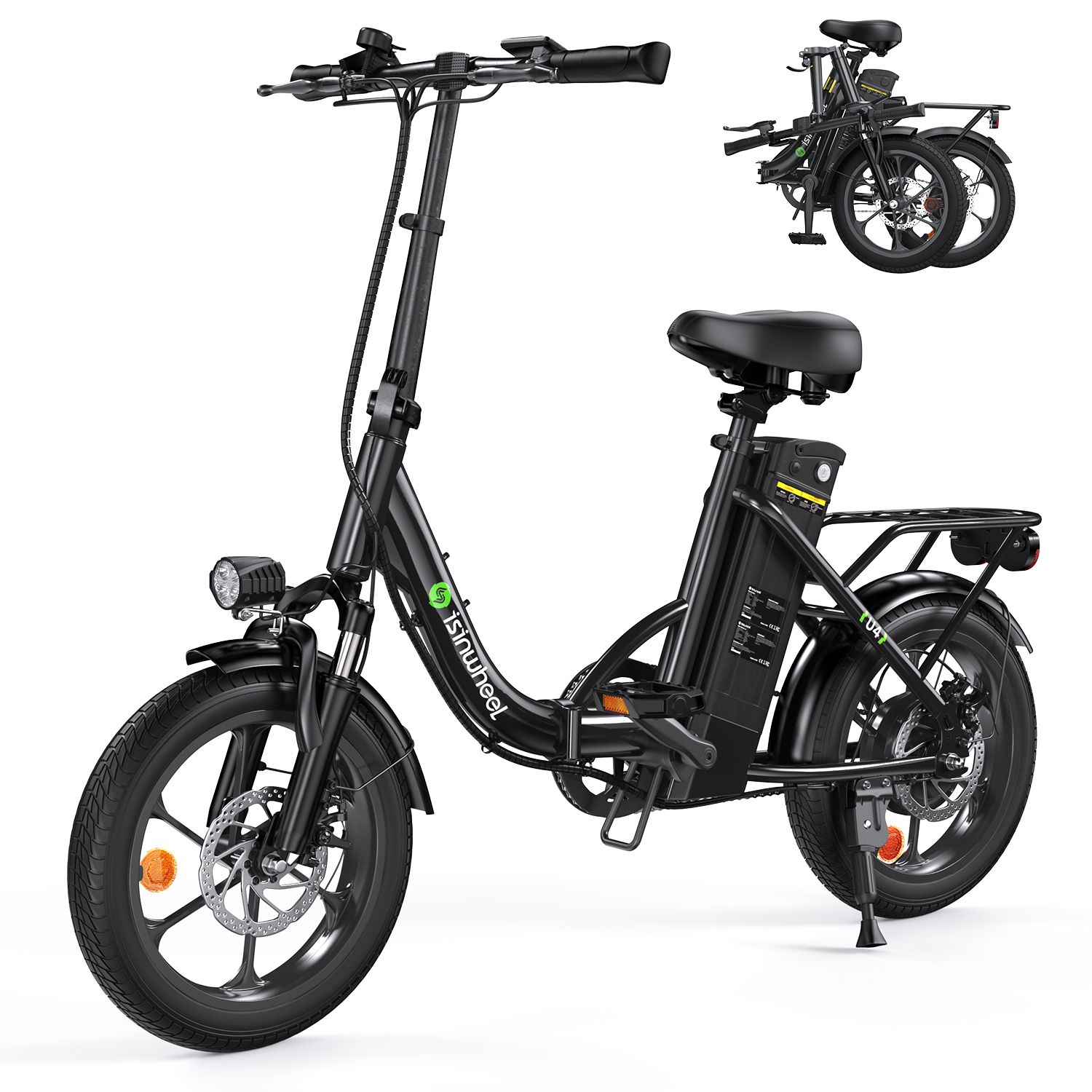 Zwarte e-bike met koplamp, bagagerek en opvouwoptie. Merk: isinwheel.