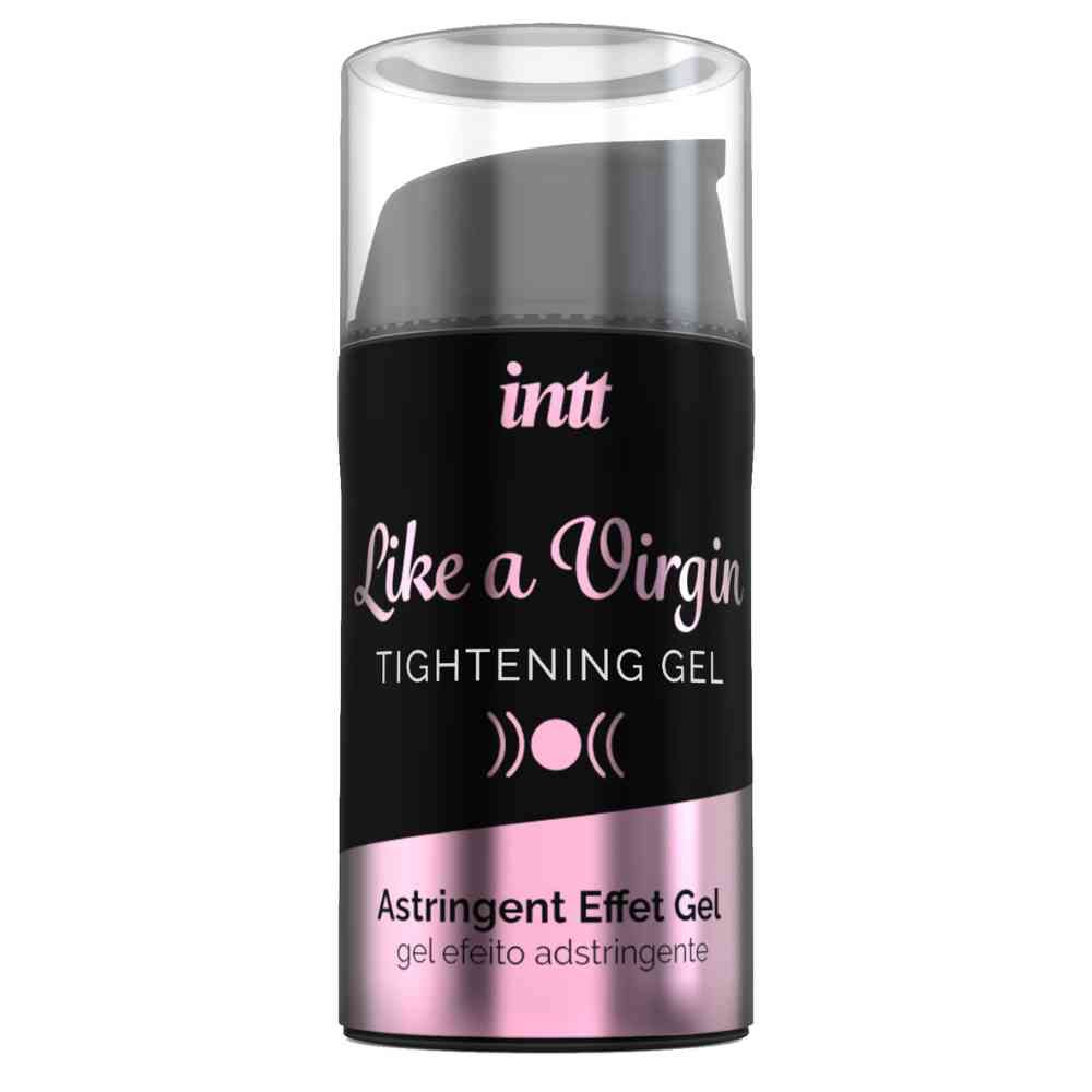 Flacon noir avec texte. INTT, Like a Virgin, Tightening Gel, Astringent Effet Gel. Bouchon transparent. Design avec croissant de lune.