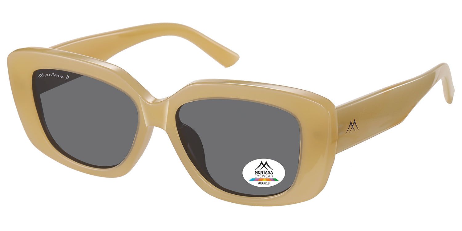 Lunettes de soleil à monture beige et verres gris. Le logo Montana Eyewear est visible sur la branche gauche et un verre. Un autocollant Polarized est également présent.