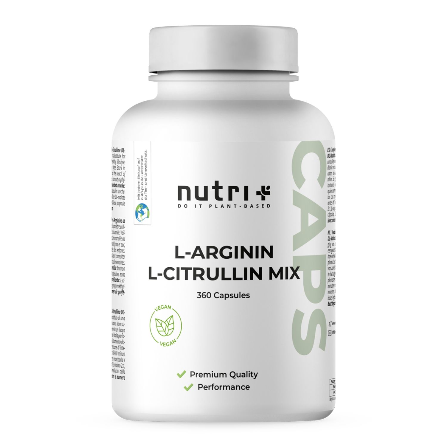 Witte fles met capsules. Opschrift: L-Arginine L-Citrulline Mix, 360 capsules. Vegan-zegel.