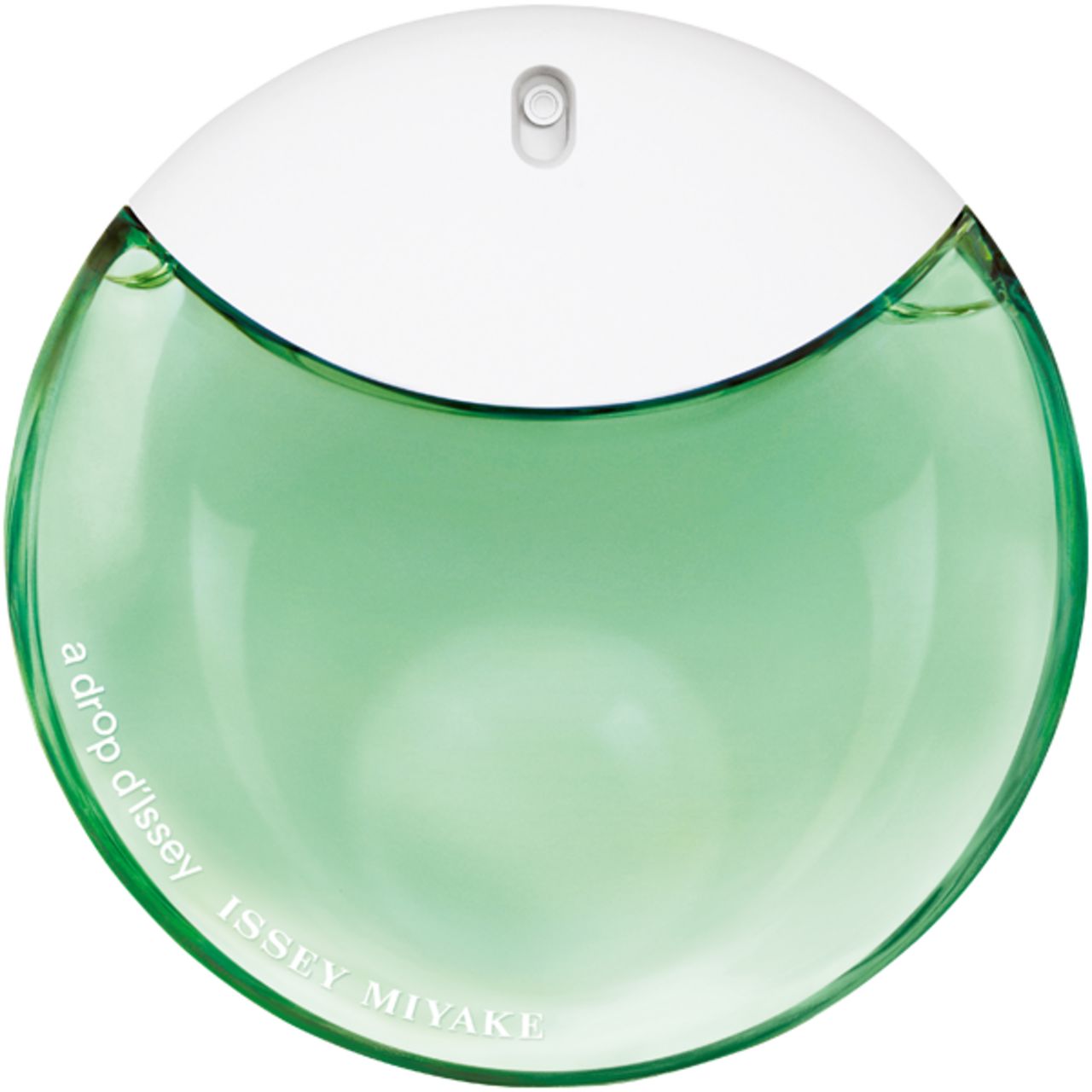 Ronde flacon met groene vloeistof en witte dop. Opschrift: a drop d'Issey, ISSEY MIYAKE.