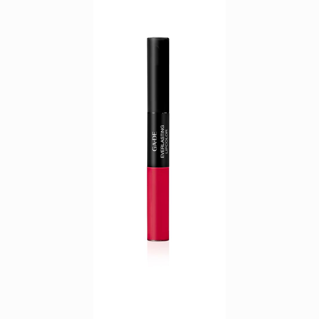 Dubbele lippenstift. Zwarte dop, rode stick. Opschrift: GA-DE Everlasting Lipcolor.