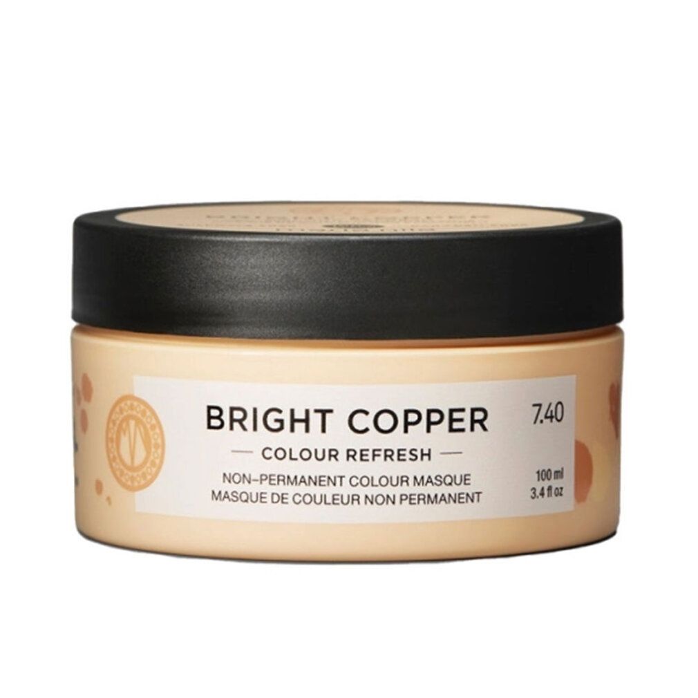 Beige pot met zwarte deksel. Opschrift: Bright Copper, Colour Refresh, 7.40. Niet-permanente kleurmasker.