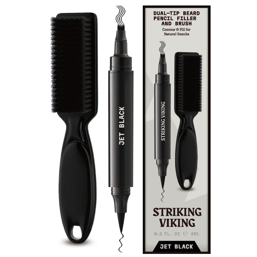 Stylo à double pointe et brosse. Stylo noir avec brosse. Inscription : JET BLACK, STRIKING VIKING. Emballage avec illustration du produit.