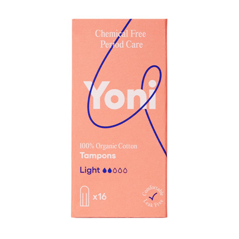 Roze doos met Yoni-logo en tekst: "100% Organic Cotton Tampons", "Light". 16 stuks. Met een groen vinkje.