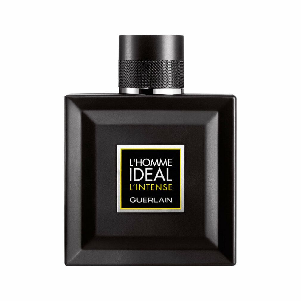 Zwarte vierkante flacon. Opschrift: L'Homme Idéal L'Intense, Guerlain. Zwarte dop.