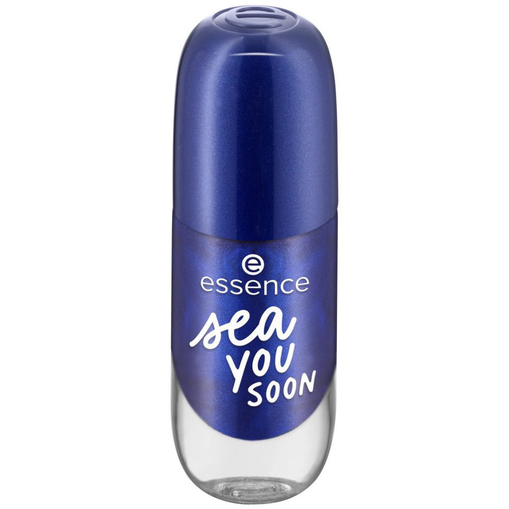 Flacon de vernis à ongles bleu. Inscription: essence, sea you soon.