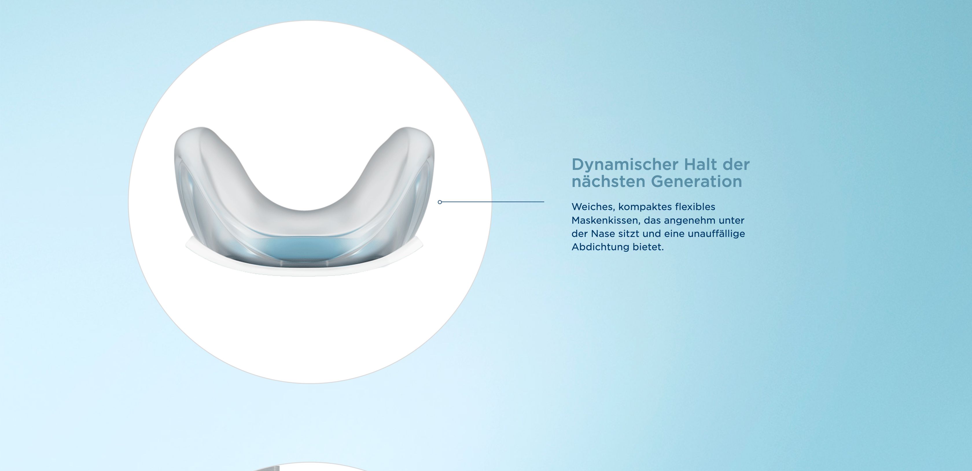 Vue détaillée du coussin nasal du masque, souple et flexible.