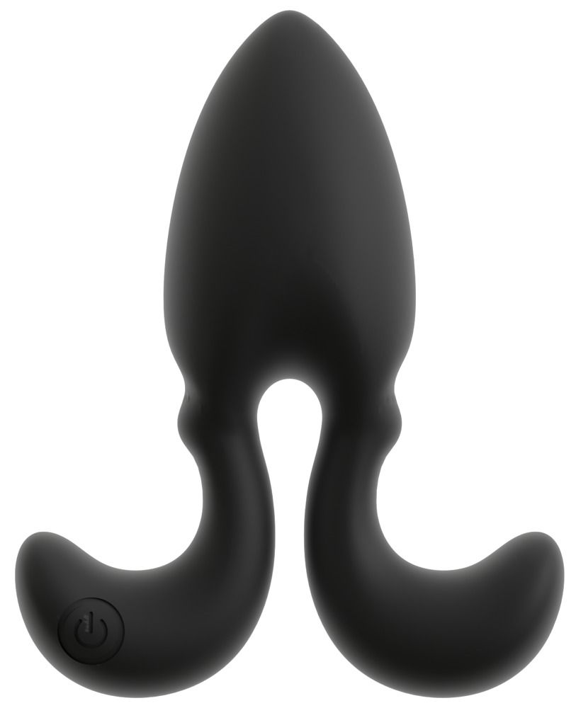 Zwarte anale plug met flexibele armen, geïsoleerd. Toont het aan/uit-symbool op een arm.