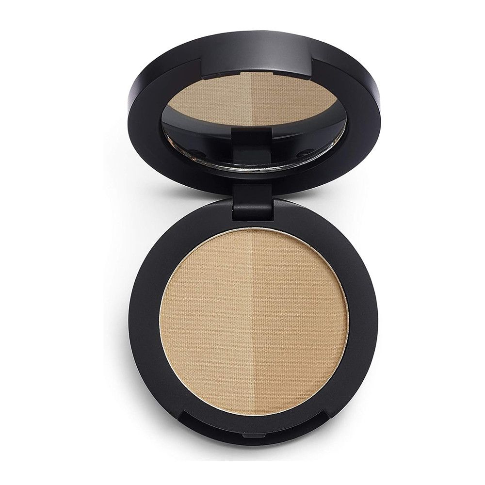 Palette de poudre compacte noire ouverte. Deux teintes de poudre à sourcils. Miroir intégré dans le couvercle.