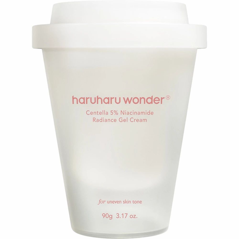 Pot blanc avec couvercle. Inscription : haruharu wonder, Centella 5% Niacinamide Radiance Gel Cream. Pour un teint inégal.