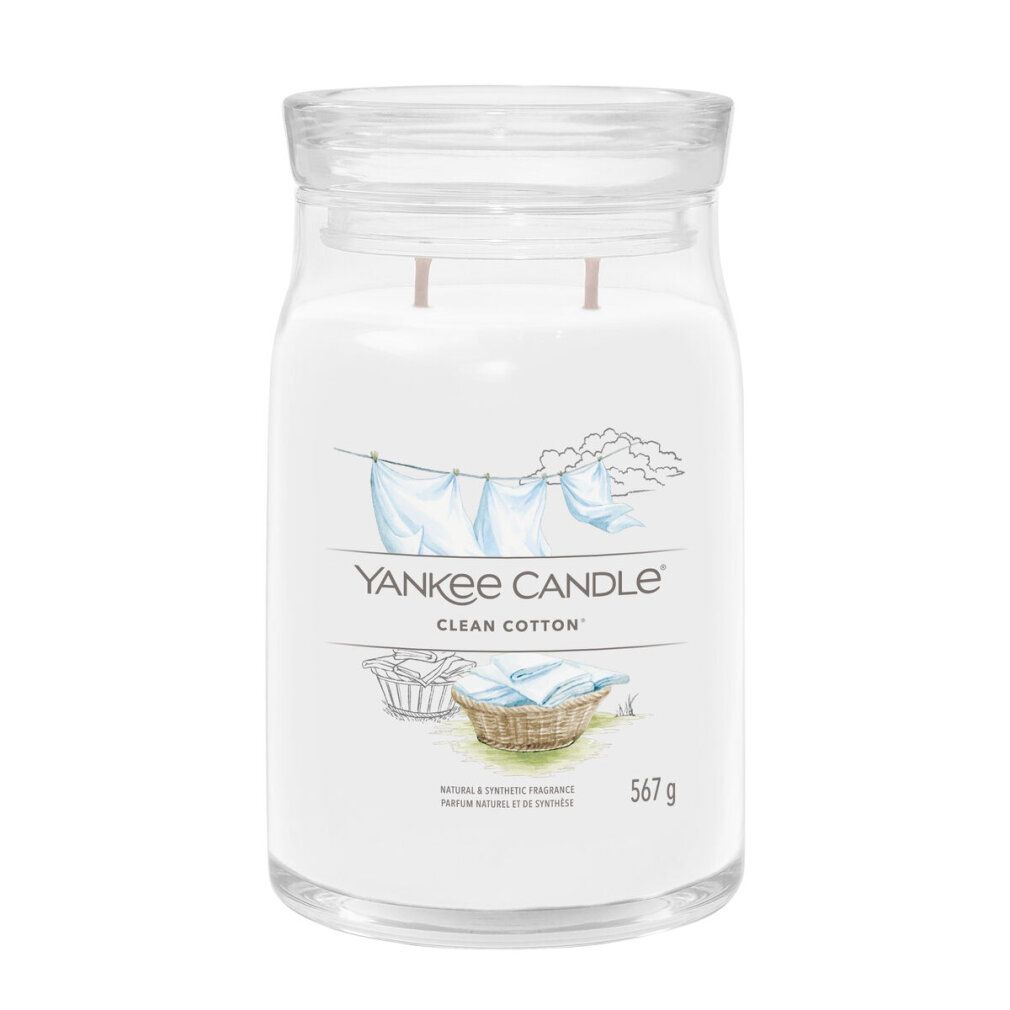 Grote Yankee Candle-kaars met deksel. Opschrift 'Clean Cotton'. Witte kaars in glazen pot. 567 g.