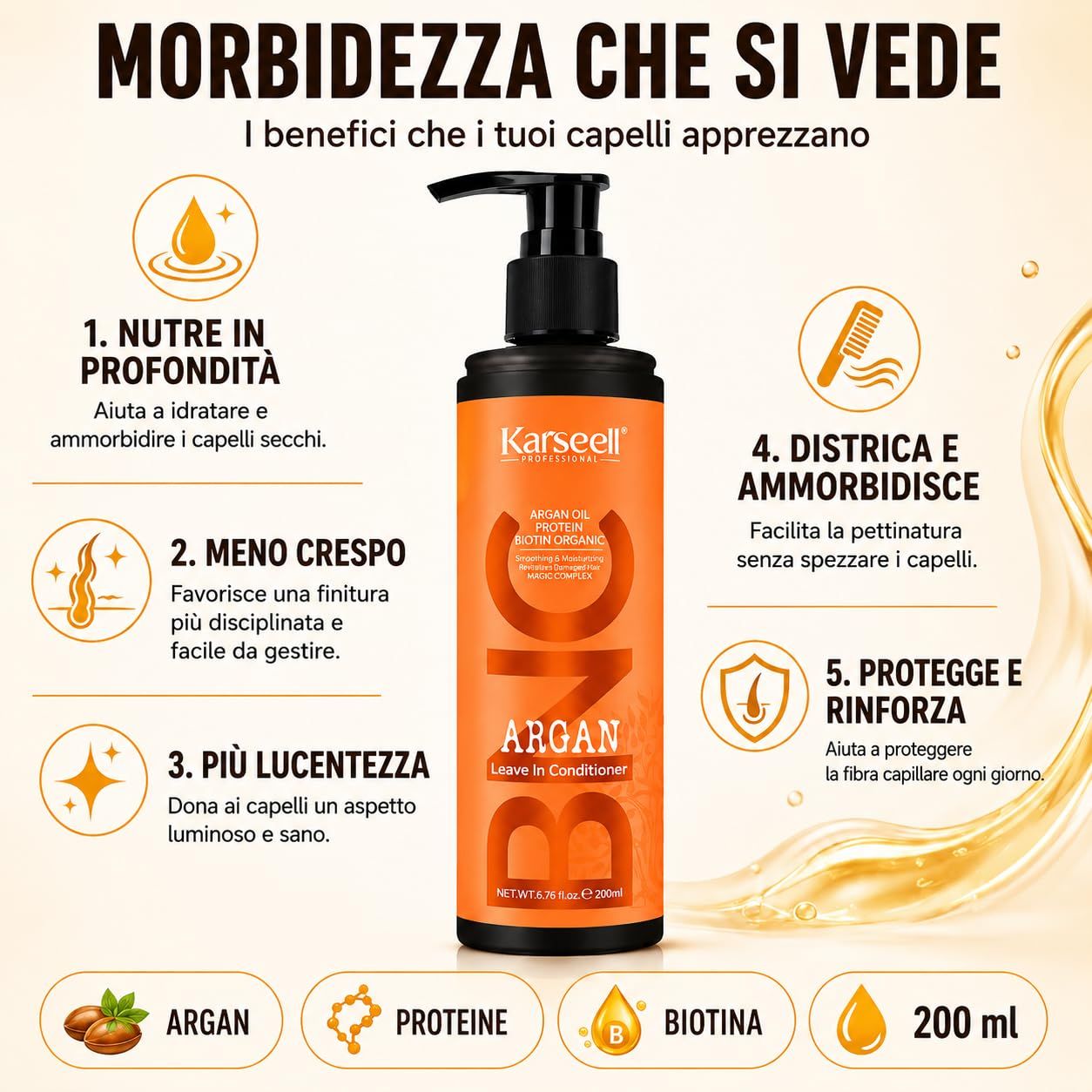 Bouteille orange avec distributeur noir, contenant le revitalisant sans rinçage Karseell Argan.