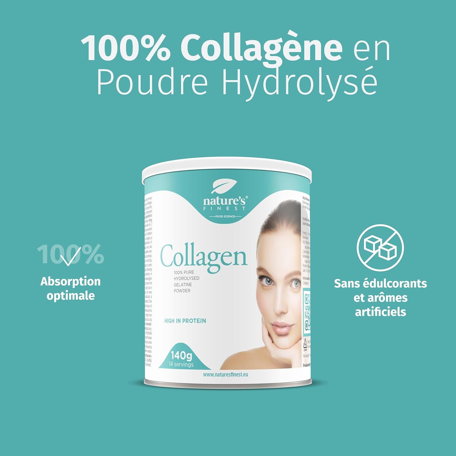 Boîte cylindrique avec étiquette turquoise. Inscription : Collagène, poudre hydrolysée 100%, 140g. Texte : 100% Collagène en Poudre Hydrolysé.