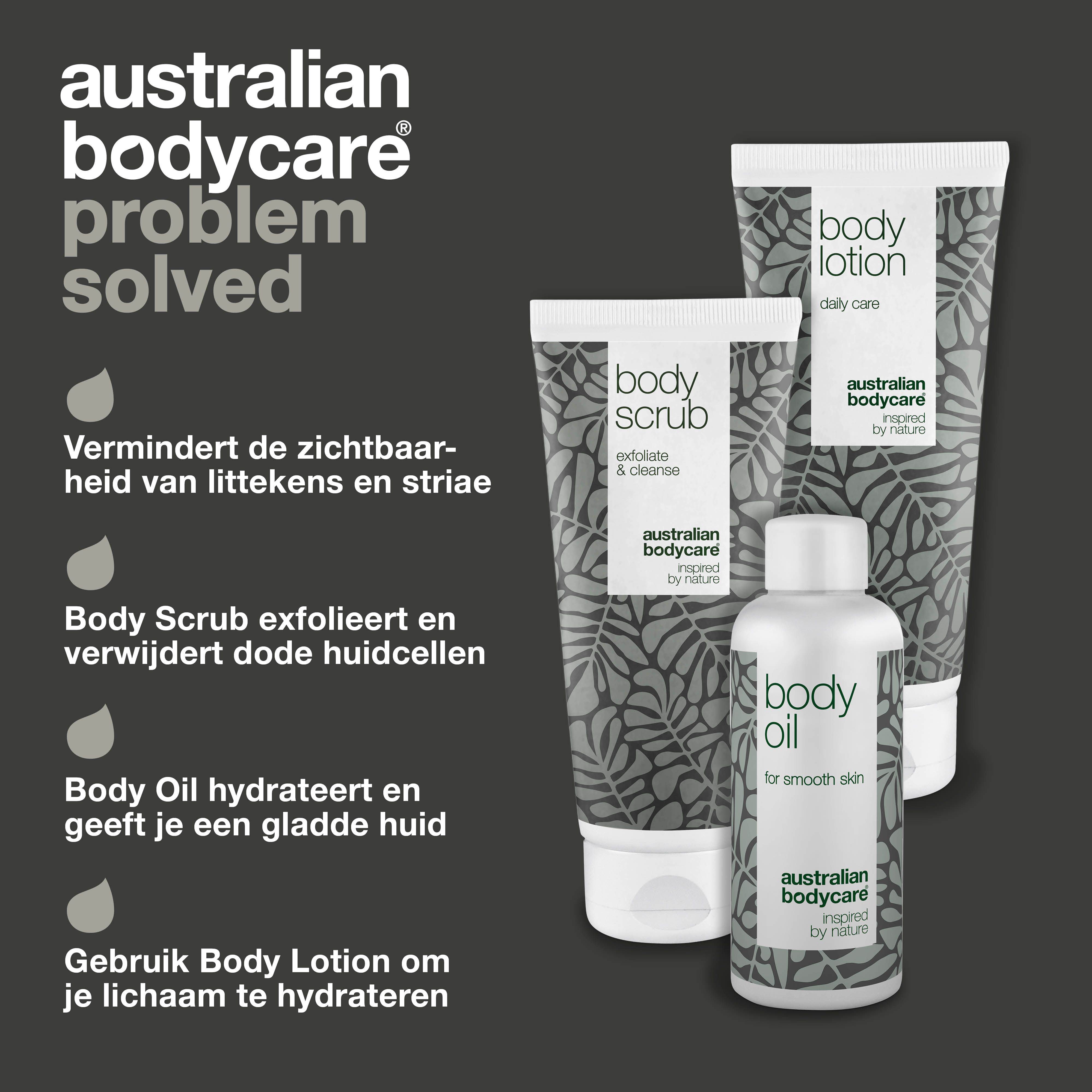 Producten: Body Lotion, Body Scrub, Body Oil. Witte tubes en fles met grijze bladeren. Tekst: Australian Bodycare.