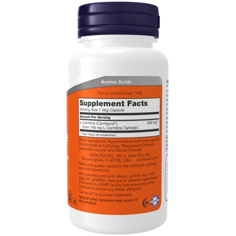 Witte supplementfles met blauwe dop. Opschrift: NOW FOODS, L-Carnitine 500mg. Bevat voedingsinformatie en ingrediënten.