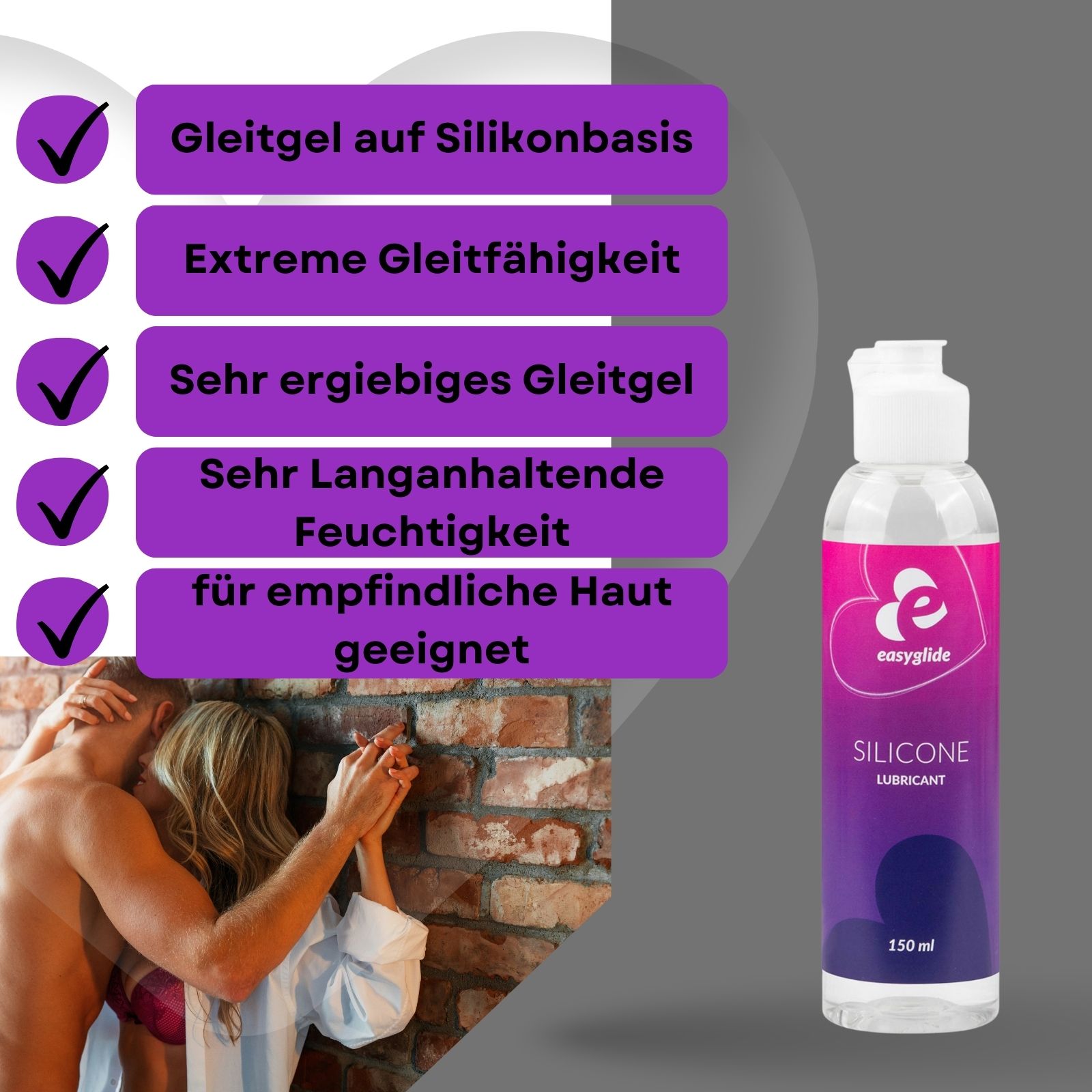 Gel Easyglide Silicone. Bouteille avec bouchon blanc et étiquette violette. 150 ml. Texte : Silicone Lubricant.
