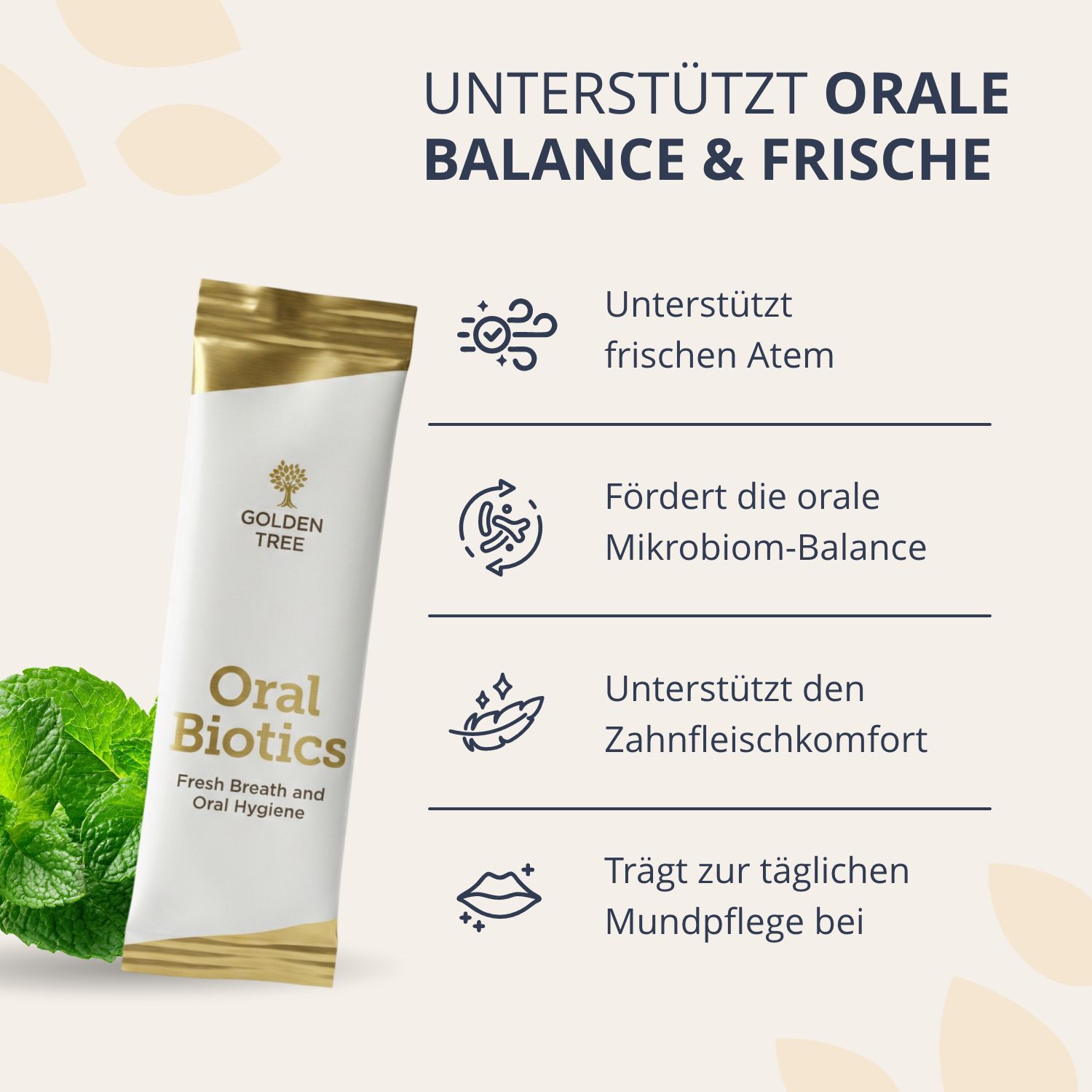 Sachet Golden Tree Oral Biotics favorise une haleine fraîche et le confort buccal.