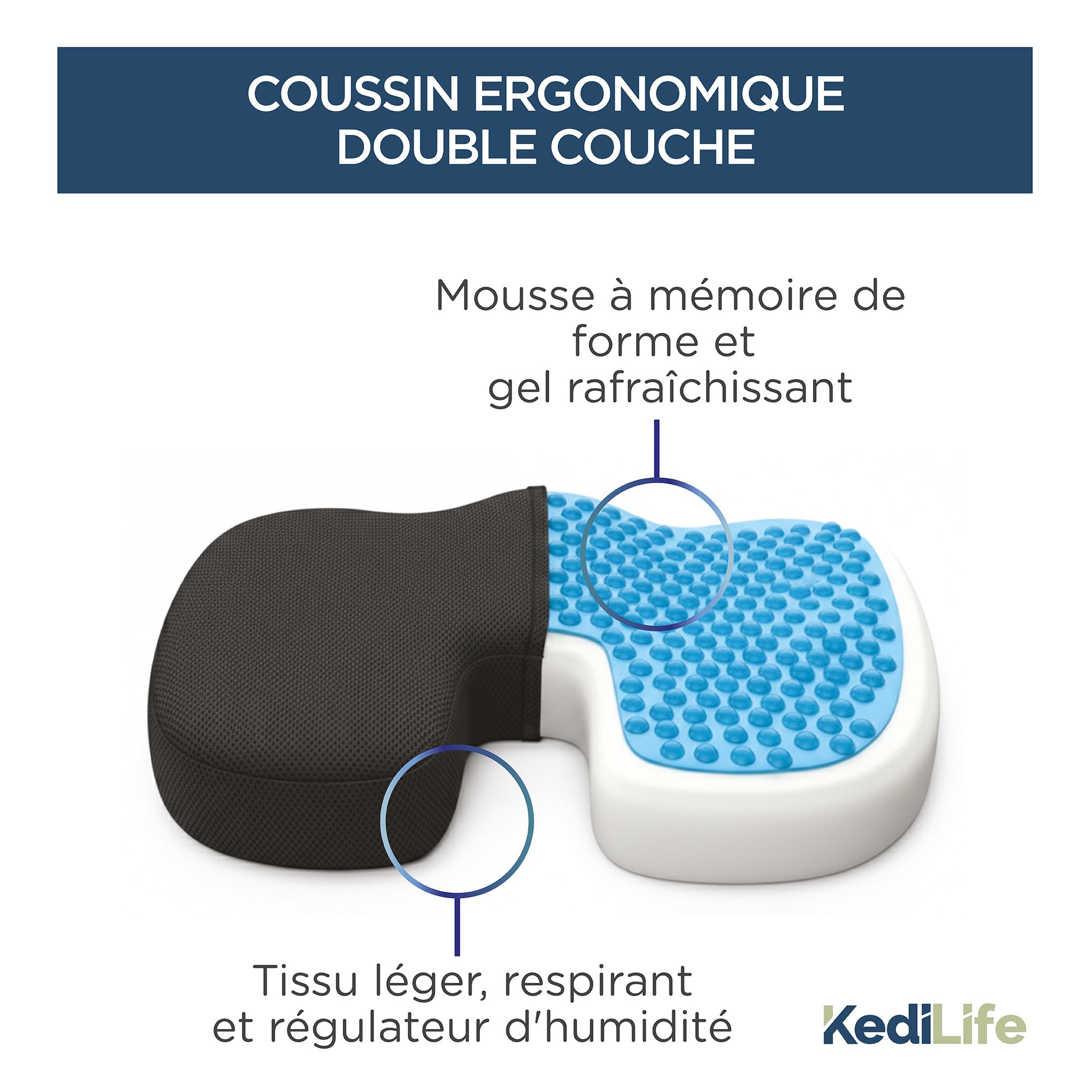 Vue en coupe du coussin : mousse à mémoire avec gel rafraîchissant.